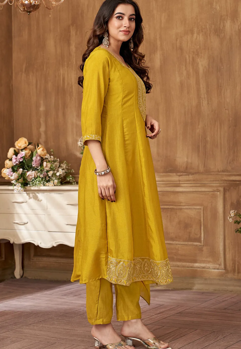 Embroidered Art Silk Anarkali Suit in Mustard