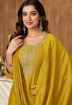 Embroidered Art Silk Anarkali Suit in Mustard