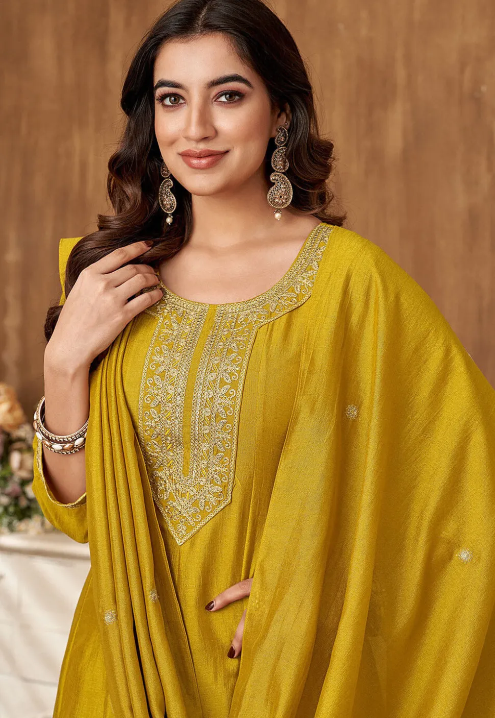 Embroidered Art Silk Anarkali Suit in Mustard