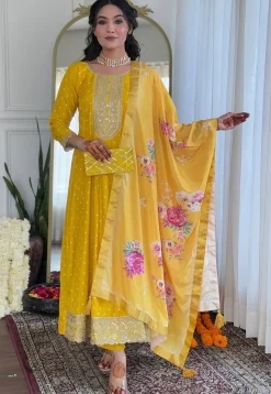 Embroidered Art Silk Anarkali Suit in Mustard