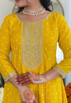 Embroidered Art Silk Anarkali Suit in Mustard