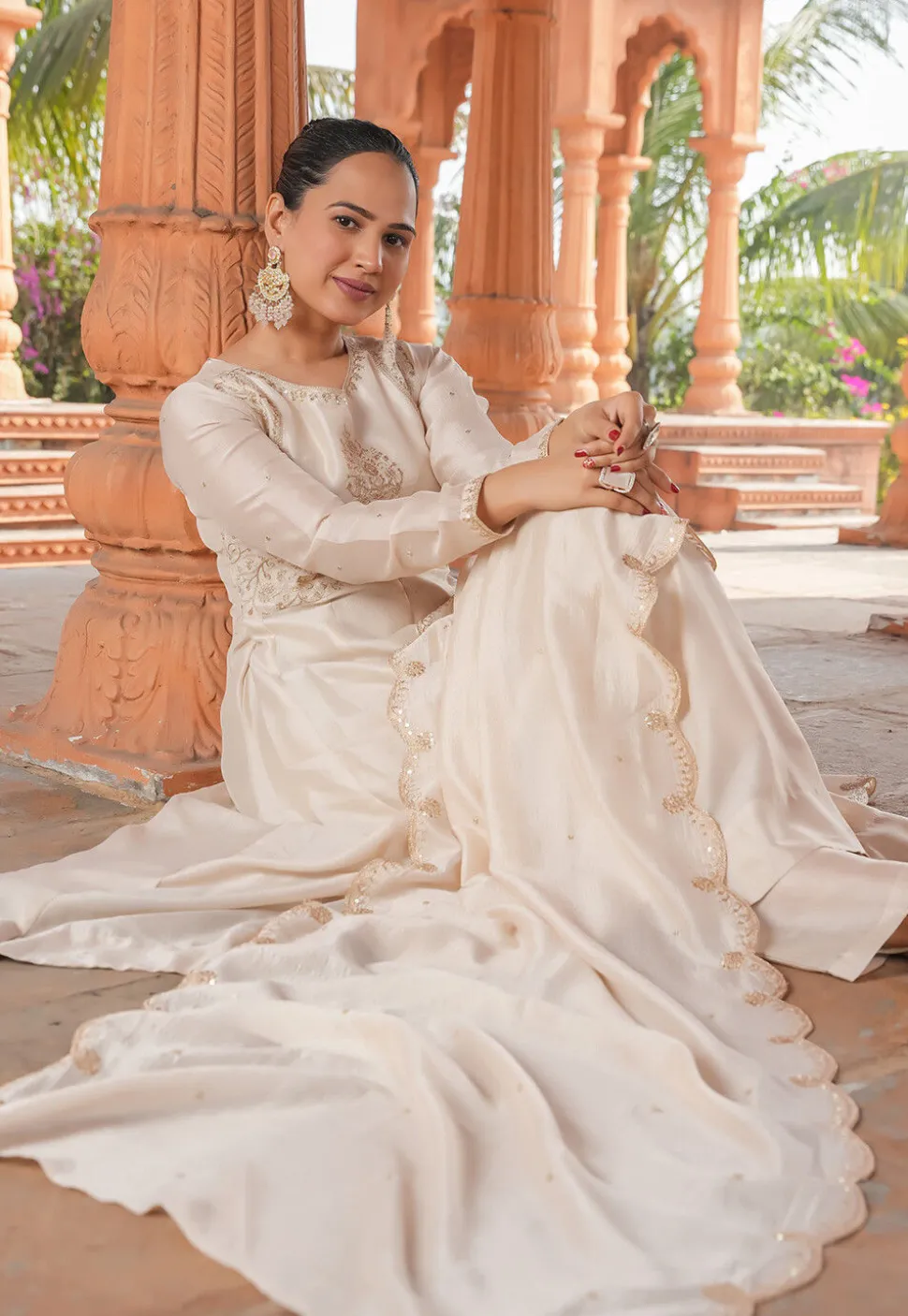 Embroidered Art Silk Anarkali Suit in Cream
