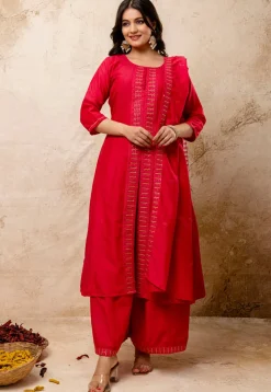 Embroidered Art Silk Anarkali Suit in Fuchsia