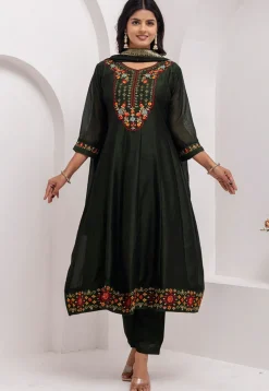 Embroidered Art Silk Anarkali Suit in Dark Green