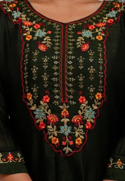 Embroidered Art Silk Anarkali Suit in Dark Green