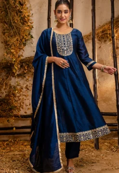 Embroidered Art Silk Anarkali Suit in Dark Blue