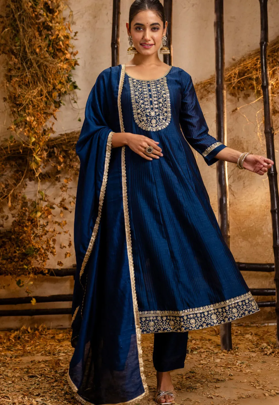 Embroidered Art Silk Anarkali Suit in Dark Blue