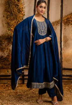 Embroidered Art Silk Anarkali Suit in Dark Blue