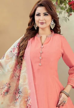 Embroidered Art Silk Anarkali Suit in Peach