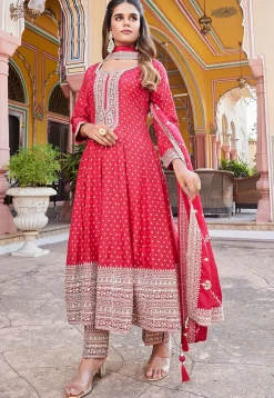 Embroidered Art Silk Anarkali Suit in Red