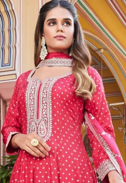 Embroidered Art Silk Anarkali Suit in Red