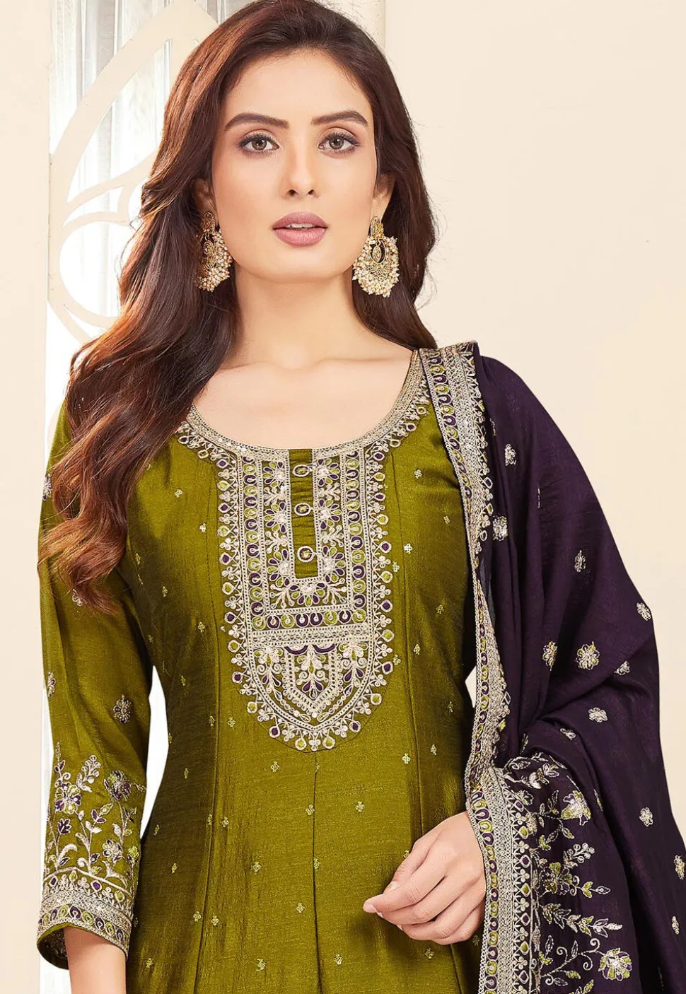 Embroidered Art Silk Anarkali Suit in Olive Green