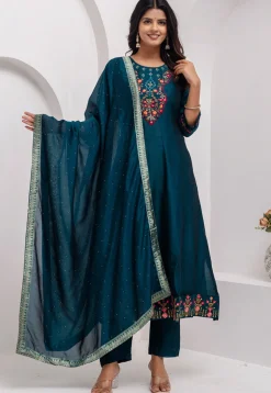 Embroidered Art Silk Anarkali Suit in Teal Blue