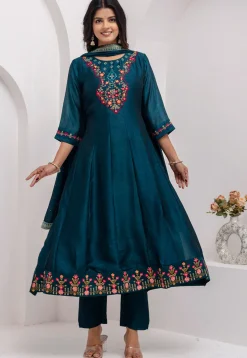 Embroidered Art Silk Anarkali Suit in Teal Blue