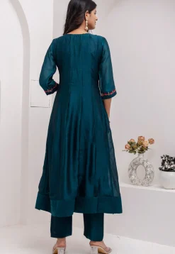 Embroidered Art Silk Anarkali Suit in Teal Blue
