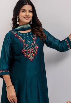 Embroidered Art Silk Anarkali Suit in Teal Blue