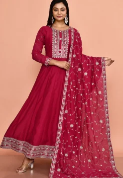 Embroidered Art Silk Anarkali Suit in Fuchsia
