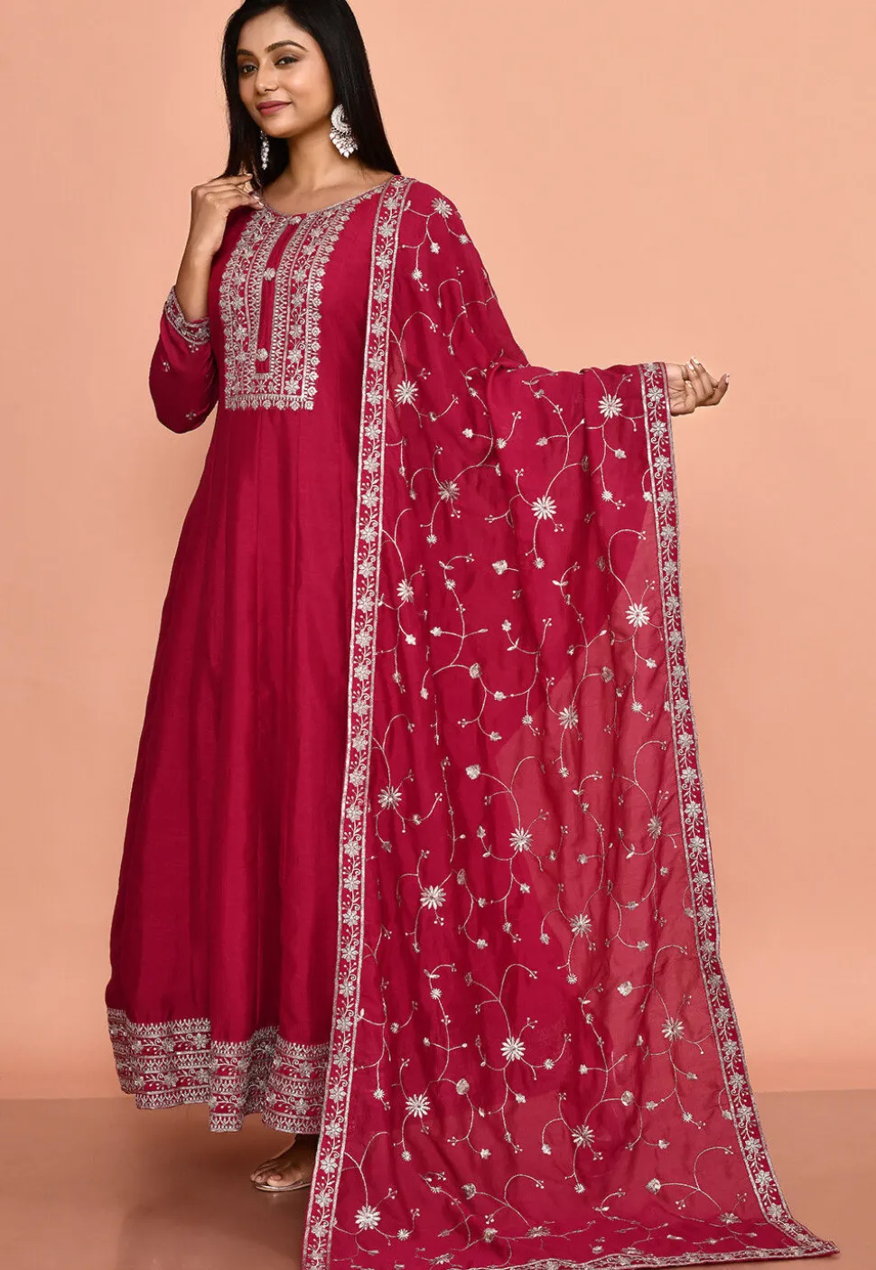 Embroidered Art Silk Anarkali Suit in Fuchsia