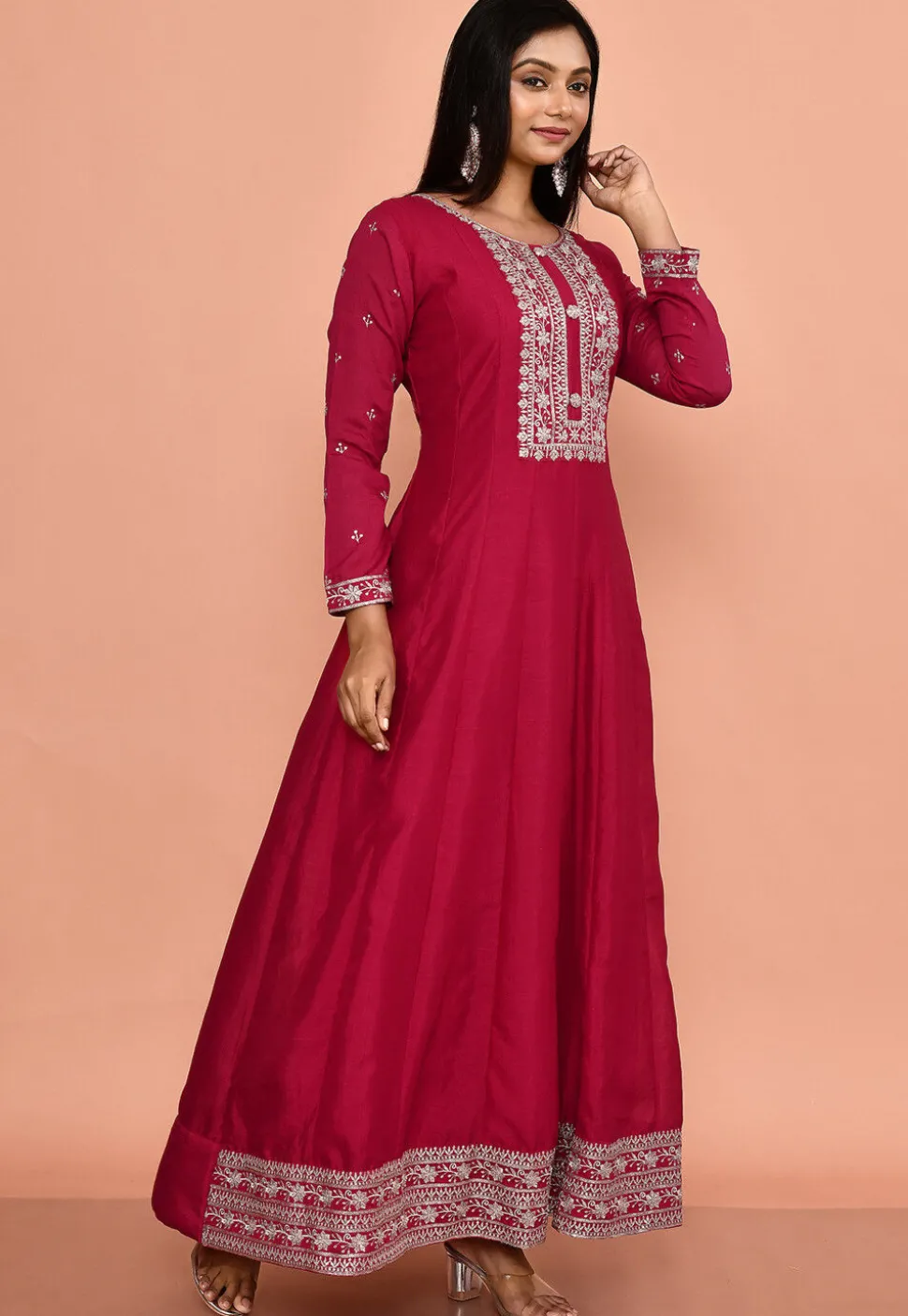 Embroidered Art Silk Anarkali Suit in Fuchsia