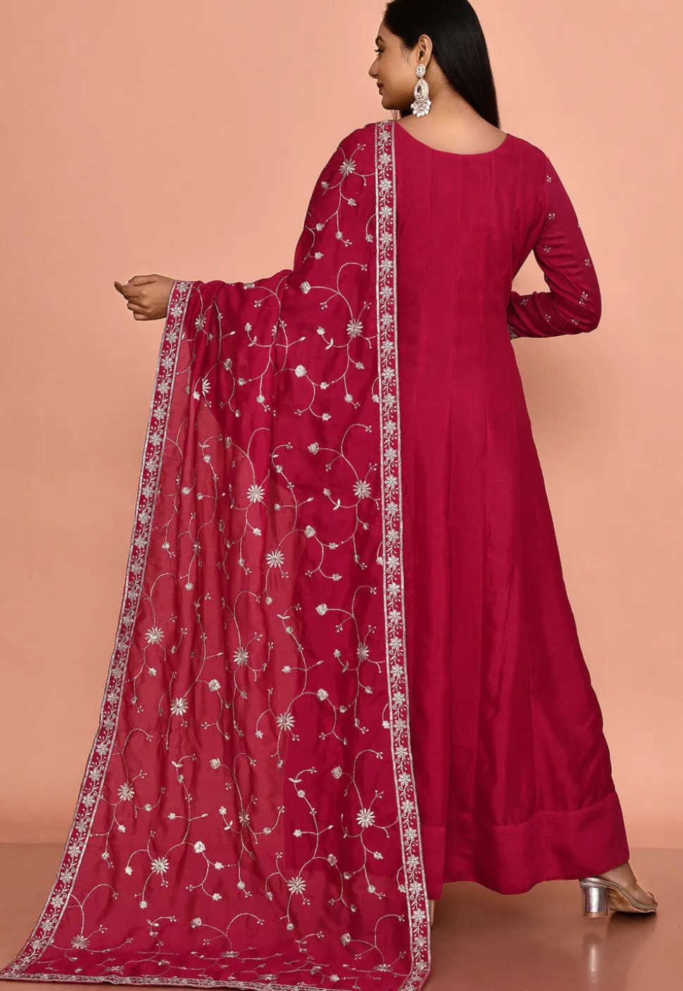 Embroidered Art Silk Anarkali Suit in Fuchsia