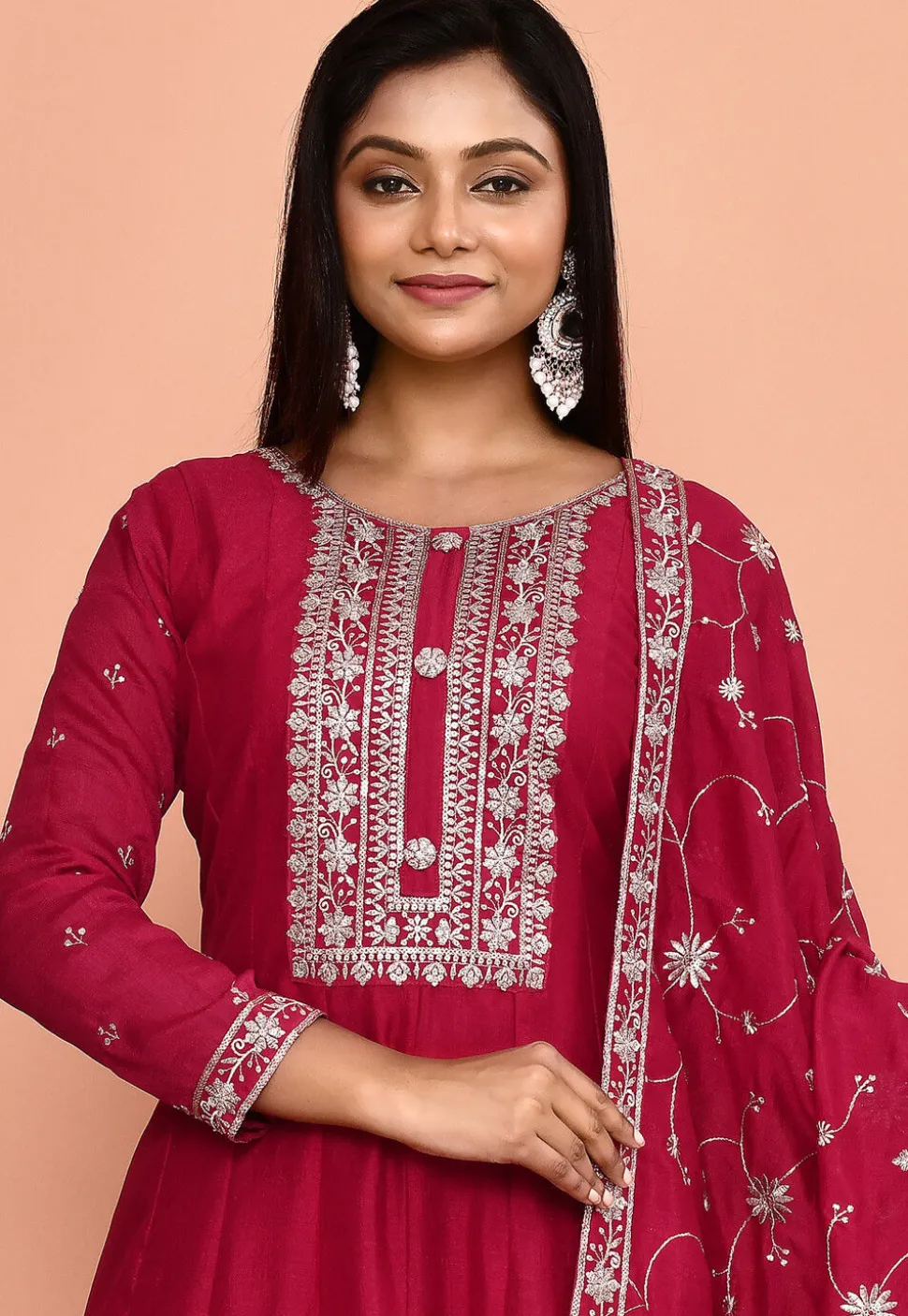 Embroidered Art Silk Anarkali Suit in Fuchsia