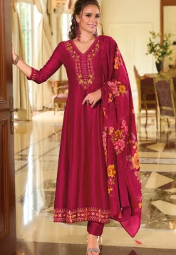 Embroidered Art Silk Anarkali Suit in Fuchsia