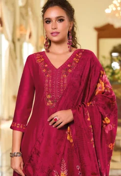 Embroidered Art Silk Anarkali Suit in Fuchsia