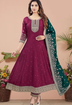 Embroidered Art Silk Anarkali suit in Wine
