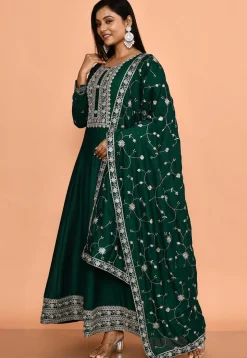 Embroidered Art Silk Anarkali Suit in Dark Green