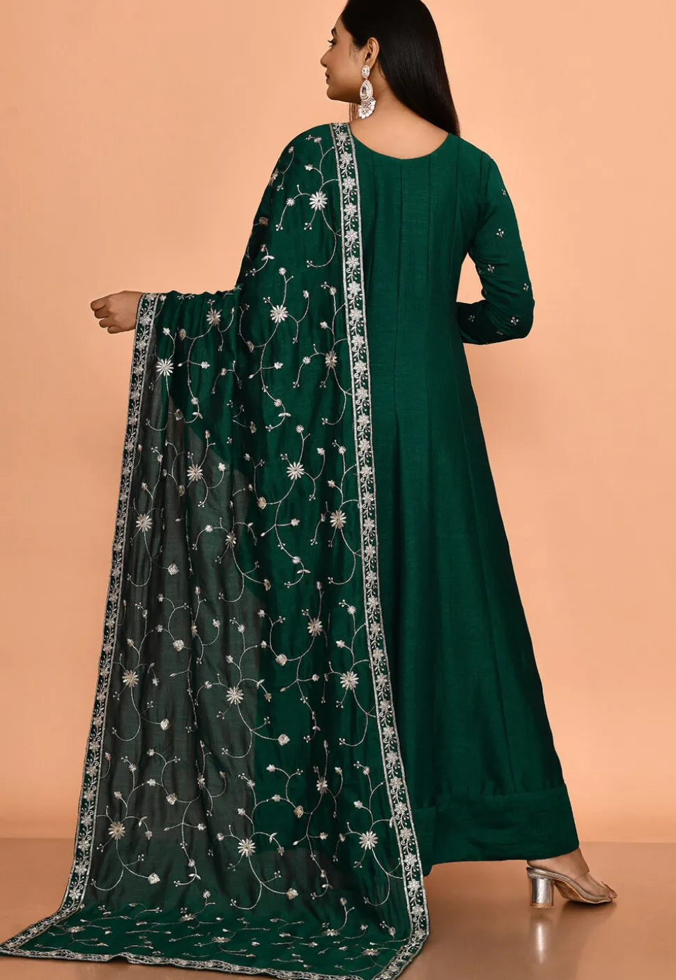 Embroidered Art Silk Anarkali Suit in Dark Green