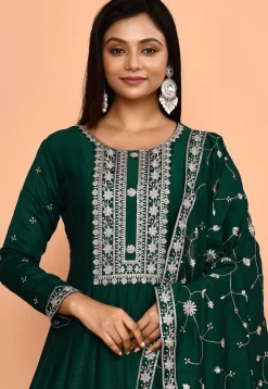 Embroidered Art Silk Anarkali Suit in Dark Green