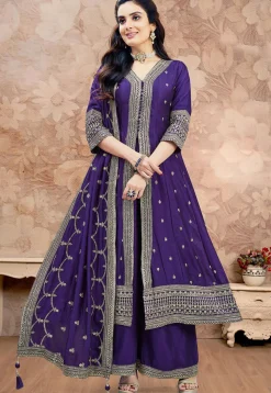 Embroidered Art Silk Anarkali Suit in Purple