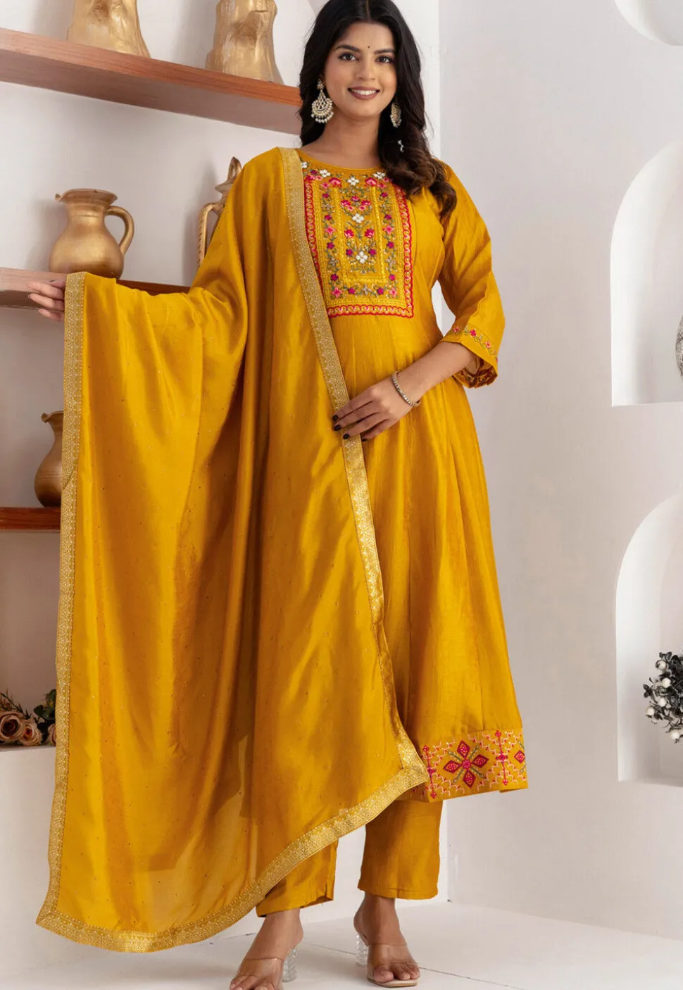 Embroidered Art Silk Anarkali Suit in Yellow