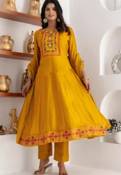 Embroidered Art Silk Anarkali Suit in Yellow