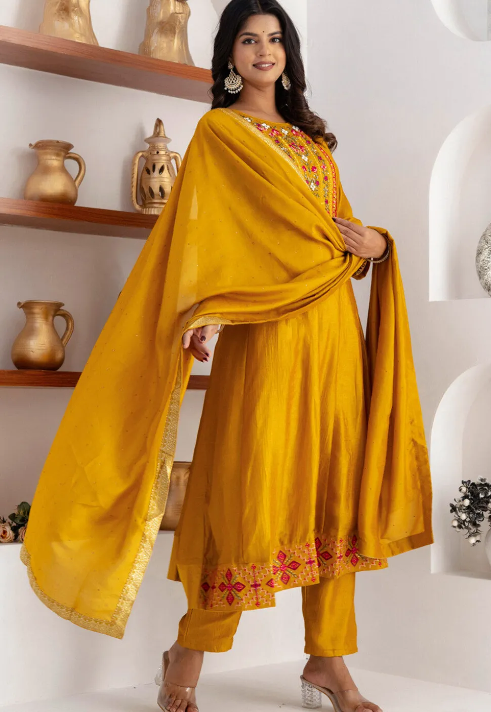 Embroidered Art Silk Anarkali Suit in Yellow