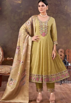 Embroidered Art Silk Anarkali Suit in Beige