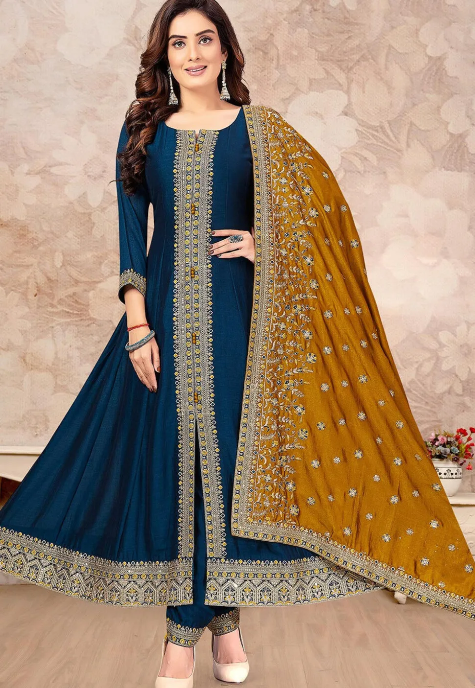 Embroidered Art Silk Anarkali Suit in Teal Blue