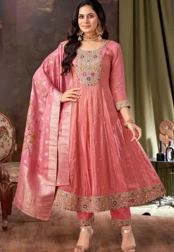 Embroidered Art Silk Anarkali Suit in Peach