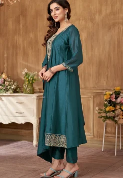 Embroidered Art Silk Anarkali Suit in Teal Blue