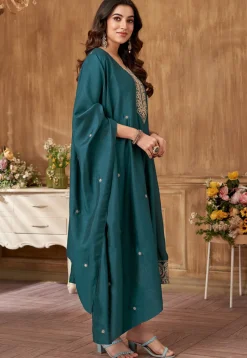 Embroidered Art Silk Anarkali Suit in Teal Blue