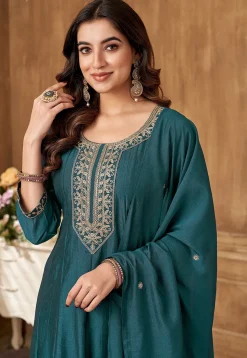 Embroidered Art Silk Anarkali Suit in Teal Blue