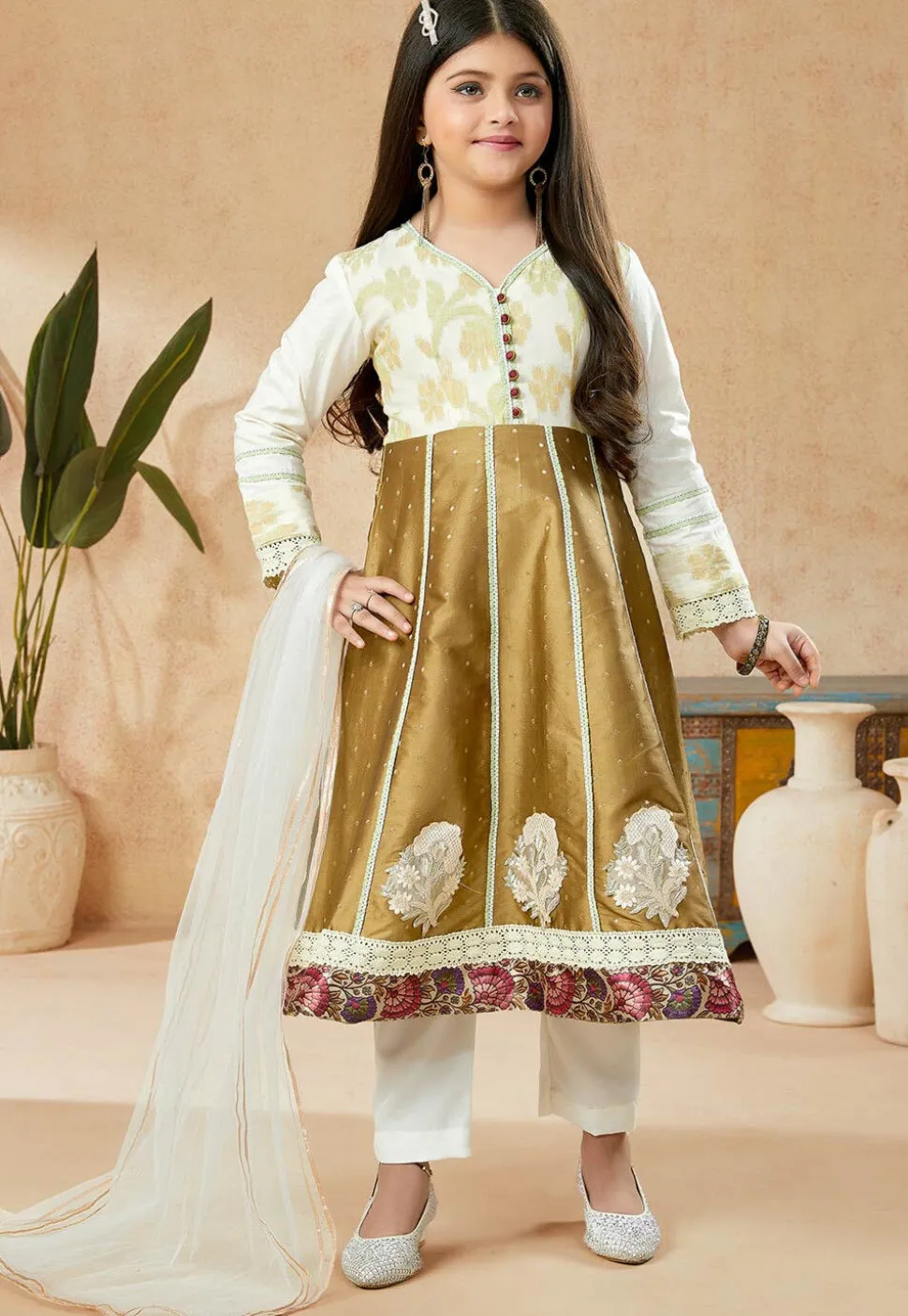 Embroidered Art Silk Anarkali Suit in Brown