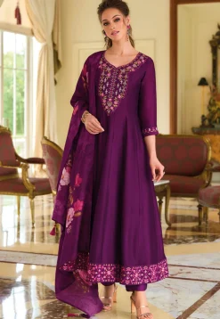 Embroidered Art Silk Anarkali Suit in Purple