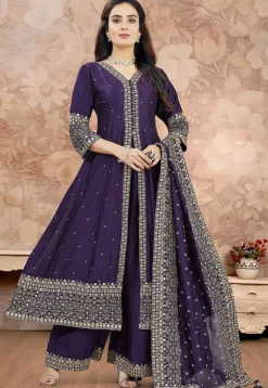 Embroidered Art Silk Anarkali Suit in Purple