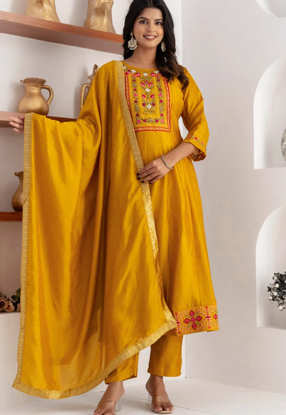 Embroidered Art Silk Anarkali Suit in Yellow