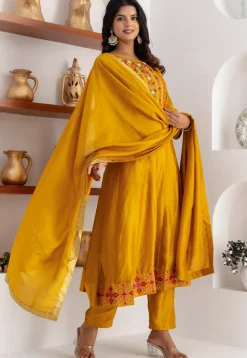 Embroidered Art Silk Anarkali Suit in Yellow