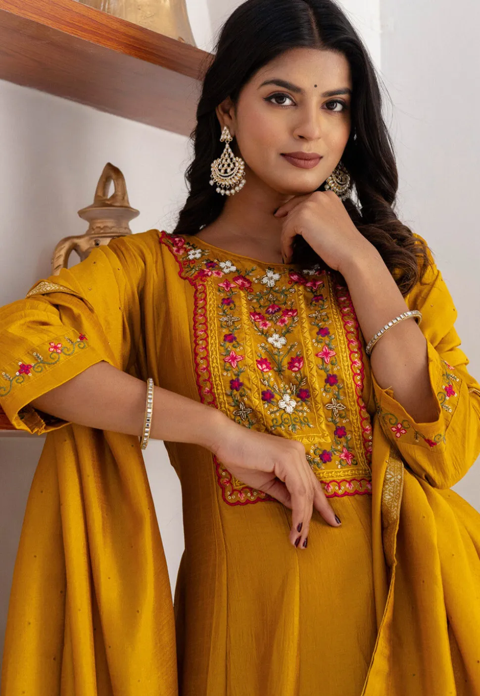 Embroidered Art Silk Anarkali Suit in Yellow