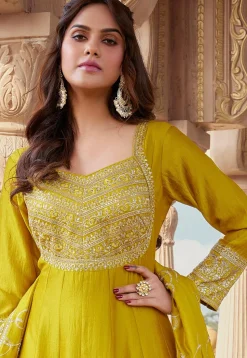 Embroidered Art Silk Anarkali Suit in Yellow