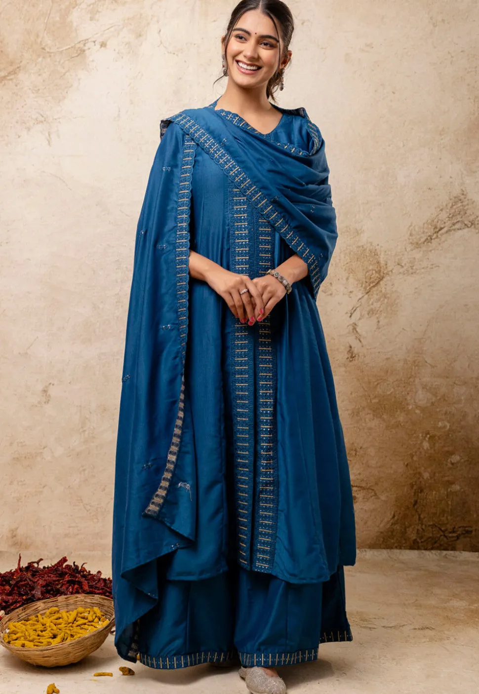 Embroidered Art Silk Anarkali Suit in Teal Blue