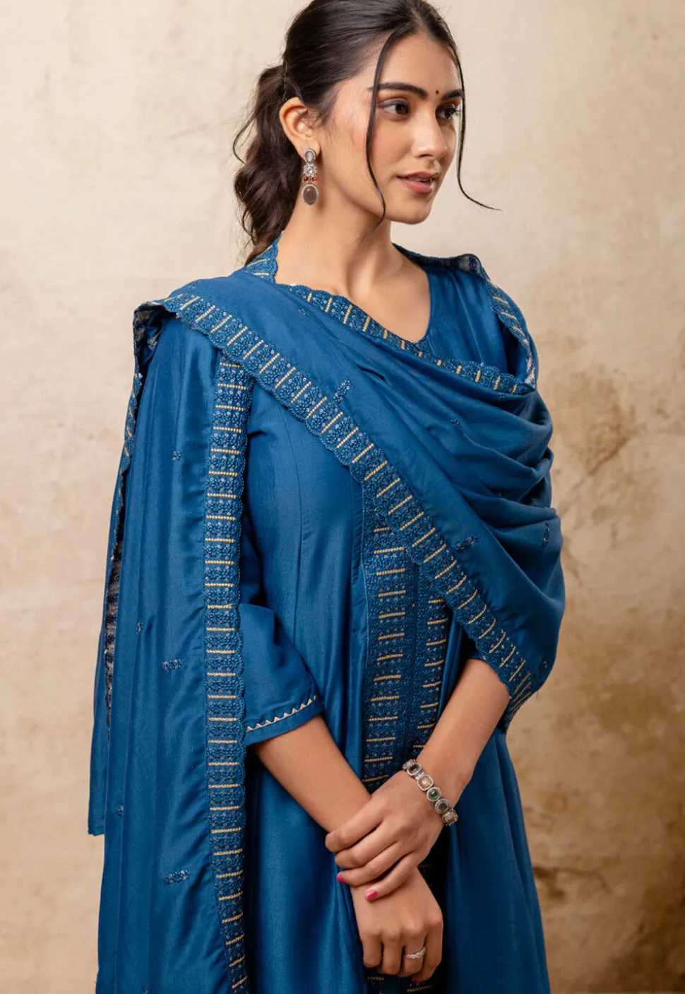 Embroidered Art Silk Anarkali Suit in Teal Blue